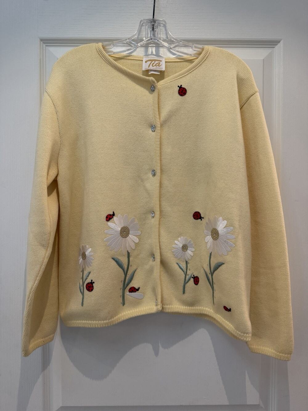 Vintage Tia Designs Cardigan L Yellow Daisy Ladybug Embroidered Cotton USA